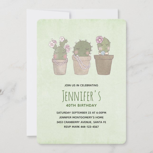 Cute Smiling Cactus Trio Watercolor Birthday Invitation (Front)