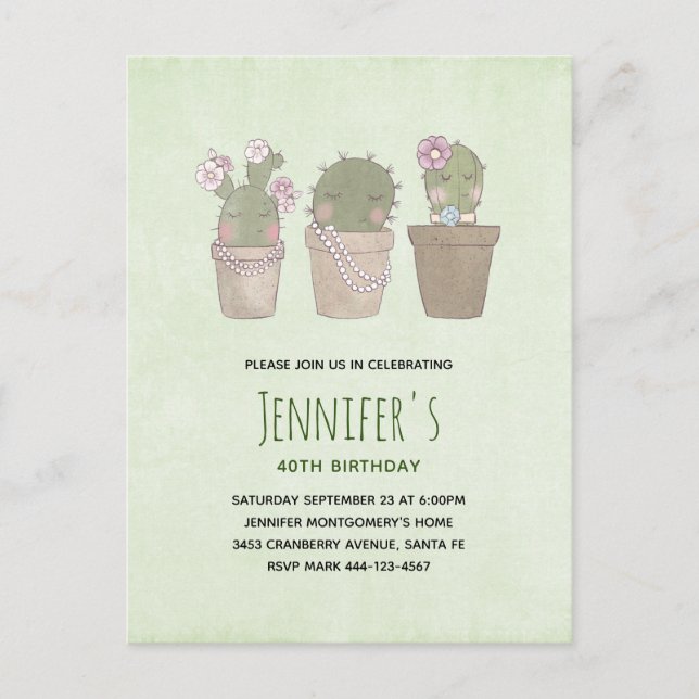 Cute Smiling Cactus Trio Watercolor Birthday Invitation Postcard (Front)