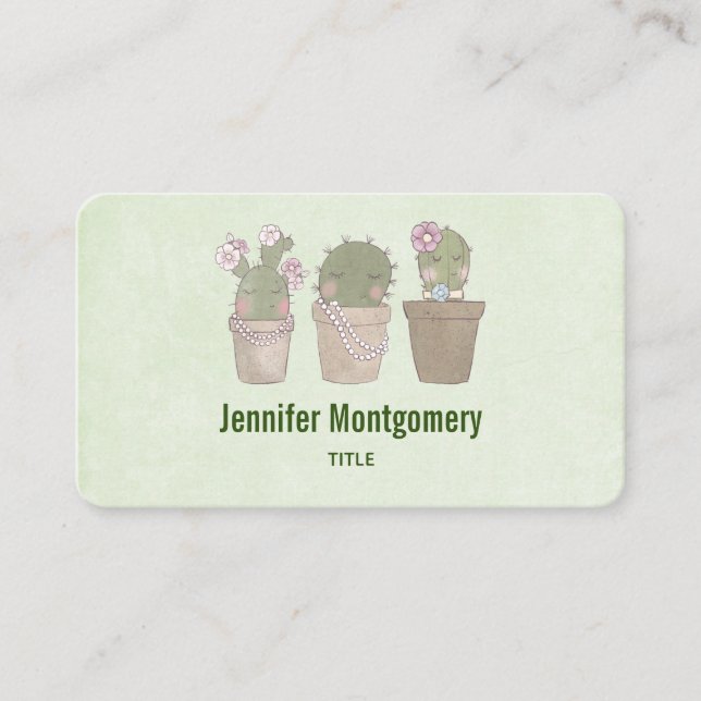 Cute Smiling Cactus Trio Watercolor Design Business Card (Front)