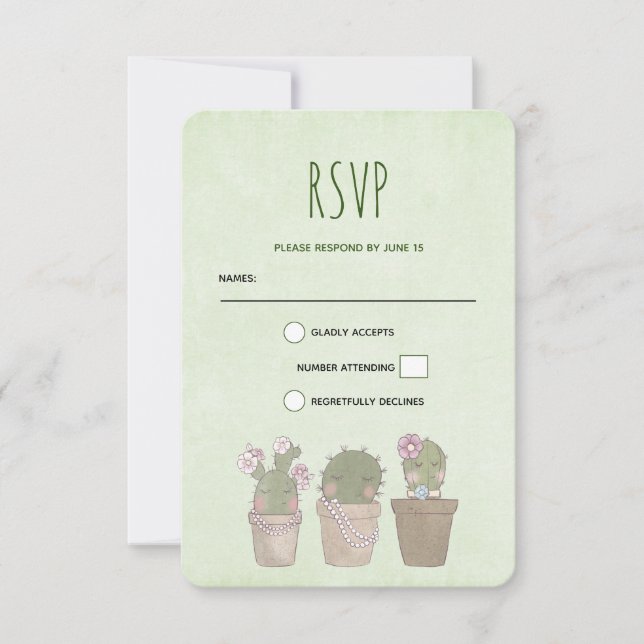 Cute Smiling Cactus Trio Watercolor Design RSVP Card (Front)