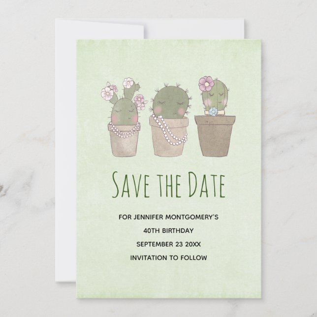Cute Smiling Cactus Trio Watercolor Design Save The Date (Front)