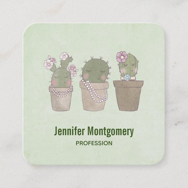 Cute Smiling Cactus Wearing Jewellery Watercolor Square Business Card (Front)