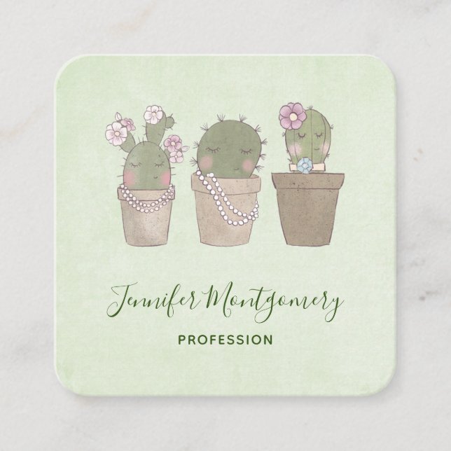 Cute Smiling Cactus Wearing Jewellery Watercolor Square Business Card (Front)