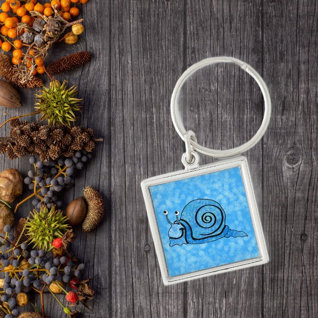 Cute Smiling Cartoon Blue Snail Key Ring (Smiling cute blue snail tie dye pattern on shades of blue keychain.)