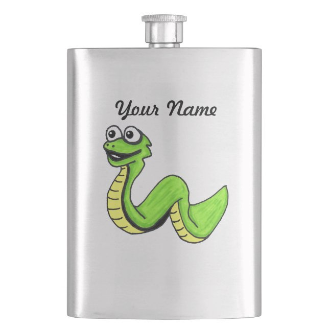 Cute Smiling Cartoon Green Yellow Snake Hip Flask (Front)