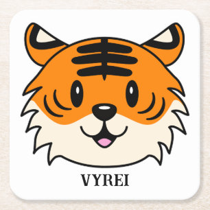 Cute Smiling Cartoon Tiger Square Paper Coaster