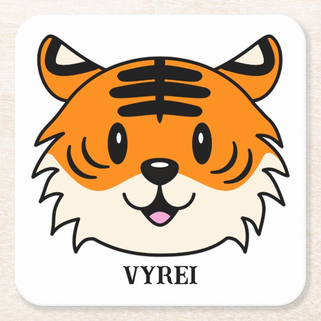 Cute Smiling Cartoon Tiger Square Paper Coaster (Front)