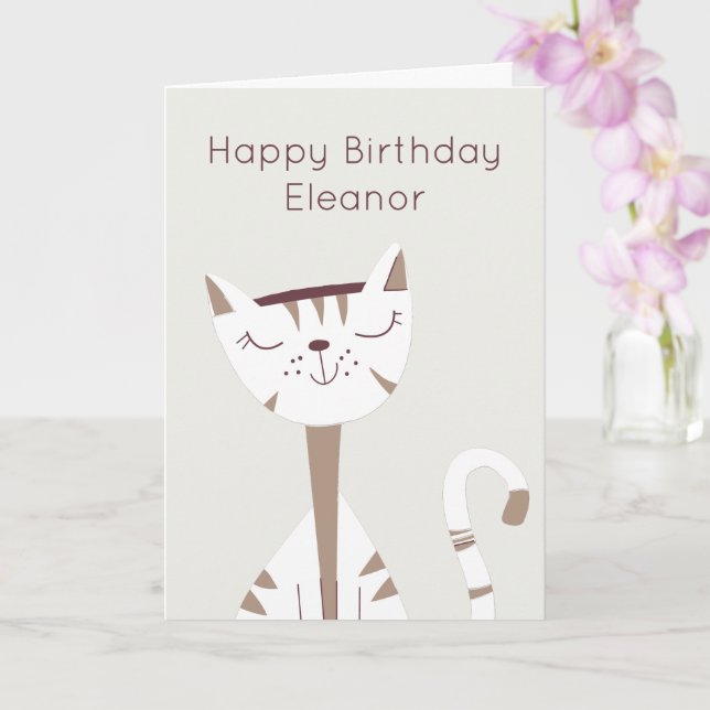 Cute Smiling Cat Name Happy Birthday Card (Orchid)