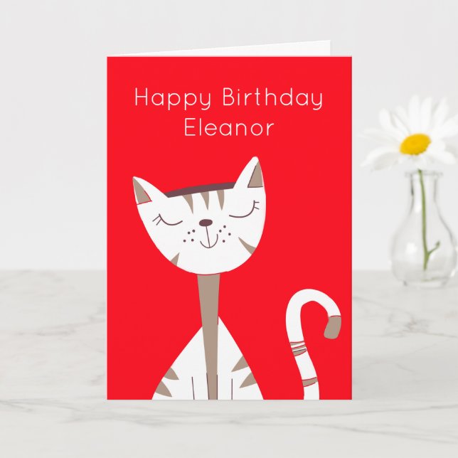 Cute Smiling Cat Name Red Happy Birthday Card (Small Plant)