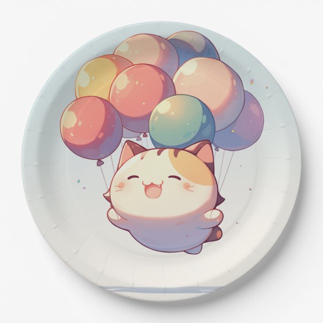 Cute Smiling Cat with Balloons Birthday Paper Plat Paper Plate (Front)