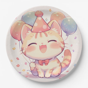 Cute Smiling Cat with Balloons Birthday Paper Plat Plate