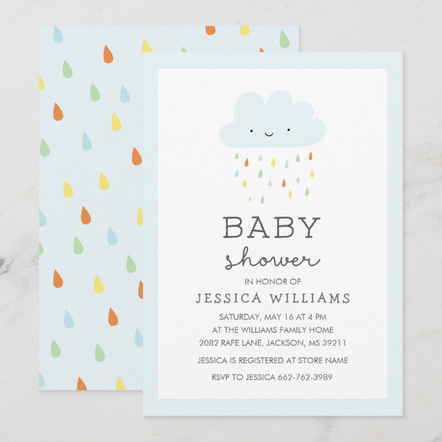 Cute Smiling Cloud Baby Shower Invitation in Blue (Front/Back)