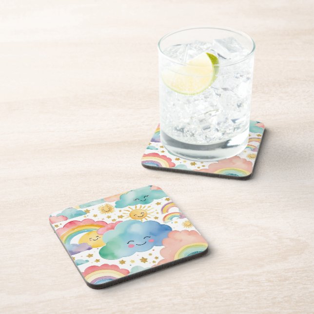 Cute Smiling Clouds Suns Rainbows Pattern Coaster (Right Side)