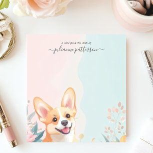 Cute Smiling Corgi Dog Floral Personalised Name Notepad
