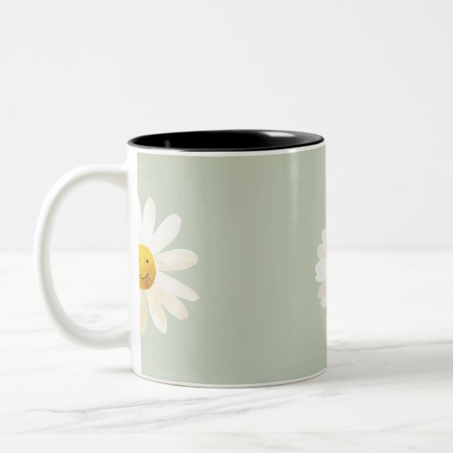 Cute Smiling Daisy Pattern Happy Floral Spring  Two-Tone Coffee Mug (Left)