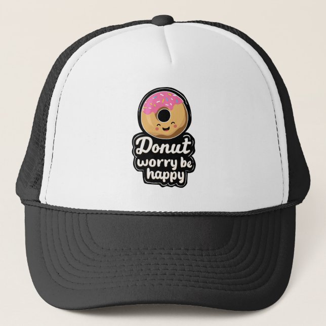 Cute Smiling Donut – “Donut Worry Be Happy” Illust Trucker Hat (Front)