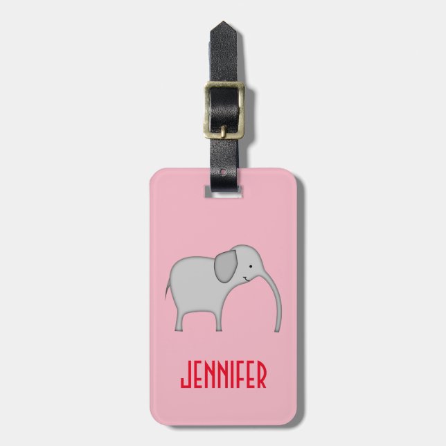Cute Smiling Elephant Character, Personalised Name Luggage Tag (Front Vertical)
