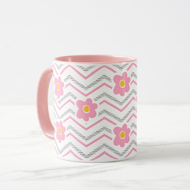 Cute Smiling Face on Pink Chevron Pattern Mug (Front Left)