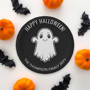 Cute Smiling Ghost Happy Halloween Black And White Paper Plate