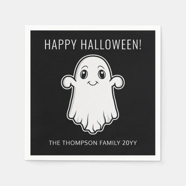 Cute Smiling Ghost Happy Halloween Custom Text Napkin (Front)