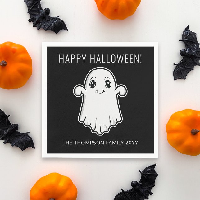 Cute Smiling Ghost Happy Halloween Custom Text Napkin (Cute design for the Halloween season.)