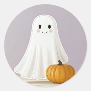 Cute Smiling Ghost with Pumpkin Classic Round Sticker