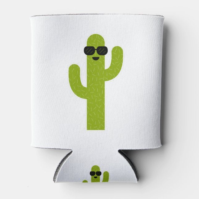 Cute Smiling Green Cactus Wearing Sunglasses Can Cooler (Front)