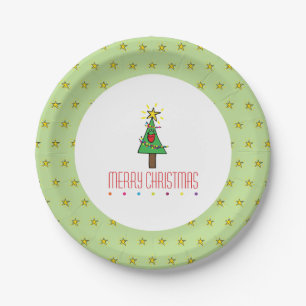 Cute Smiling Green Merry Christmas Tree Cartoon Paper Plate
