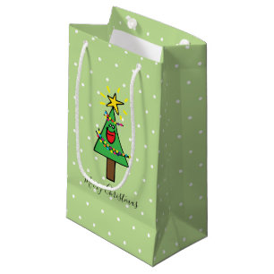 Cute Smiling Green Merry Christmas Tree Design Small Gift Bag