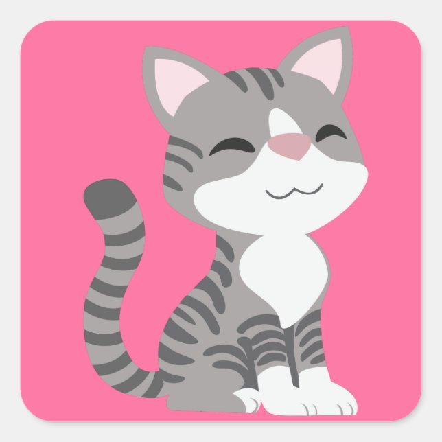 Cute Smiling Grey Tabby Cat Square Sticker (Front)