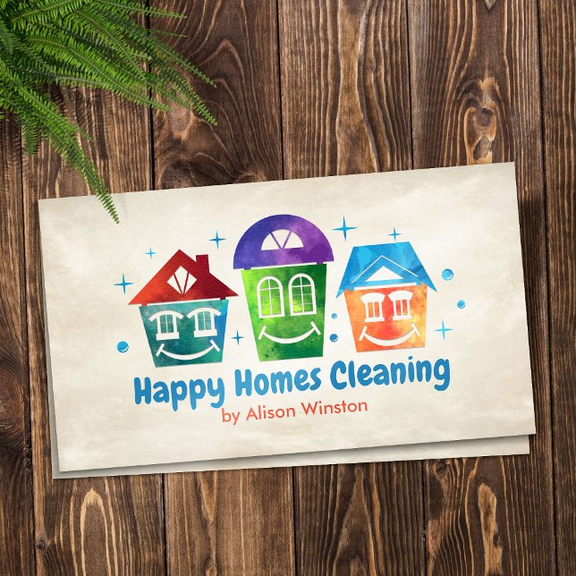 Cute Smiling Houses Cleaning Services Business Card (Creator Uploaded)