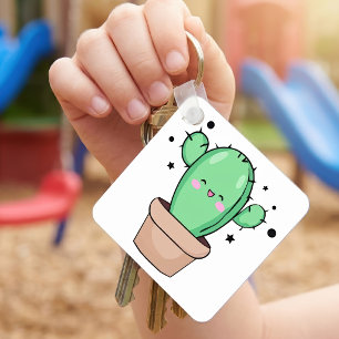 Cute smiling Kawaii Baby Cactus in vase with stars Key Ring