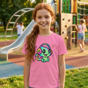 Cute Smiling Kawaii Baby Chameleon With Headphones T-Shirt