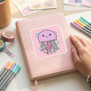 Cute smiling Kawaii Baby Jellyfish with Bubbles Square Sticker