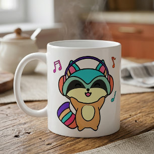 Cute smiling Kawaii Baby Racoon with Headphones Coffee Mug