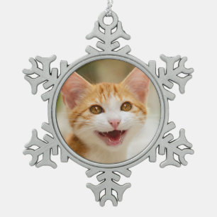 Cute Smiling Kitten Face Funny Cat Meow Photo - Snowflake Pewter Christmas Ornament