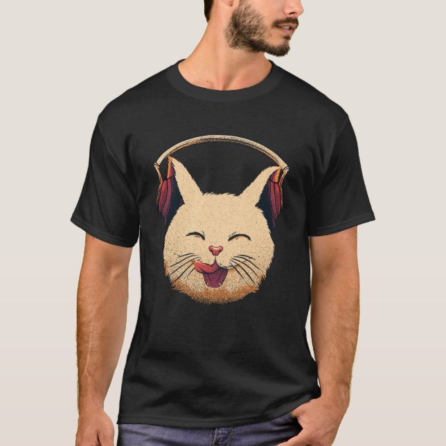 Cute Smiling Kitten With Headphones  Musical Cat T-Shirt (Front)