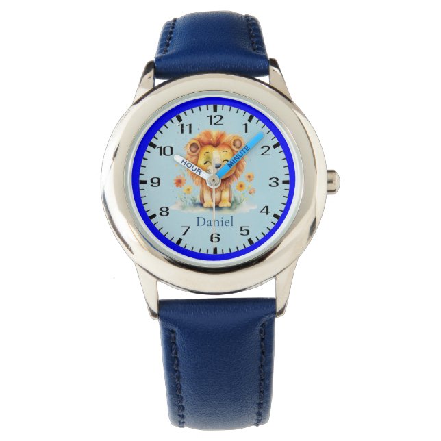 Cute Smiling Lion Amidst Flowers Children's Watch (Front)