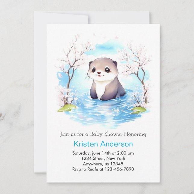 Cute Smiling Otter Blue Floral Boy Baby Shower Invitation (Front)