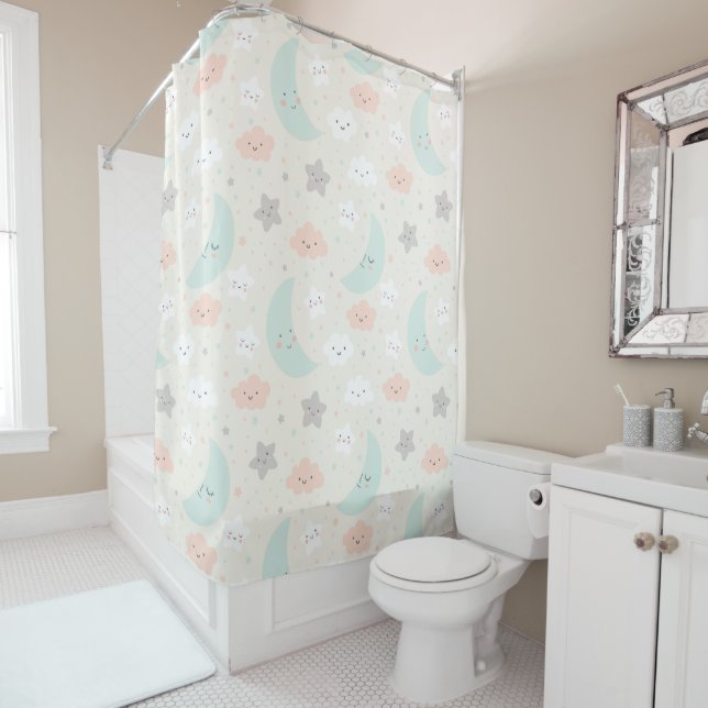 Cute Smiling Pastel Sky Pattern Shower Curtain (In Situ)