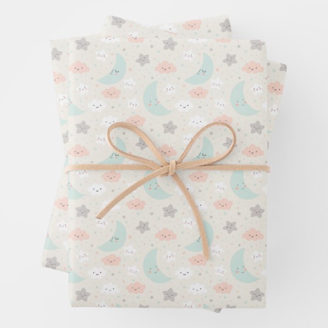 Cute Smiling Pastel Sky Pattern Wrapping Paper Sheet (In situ)