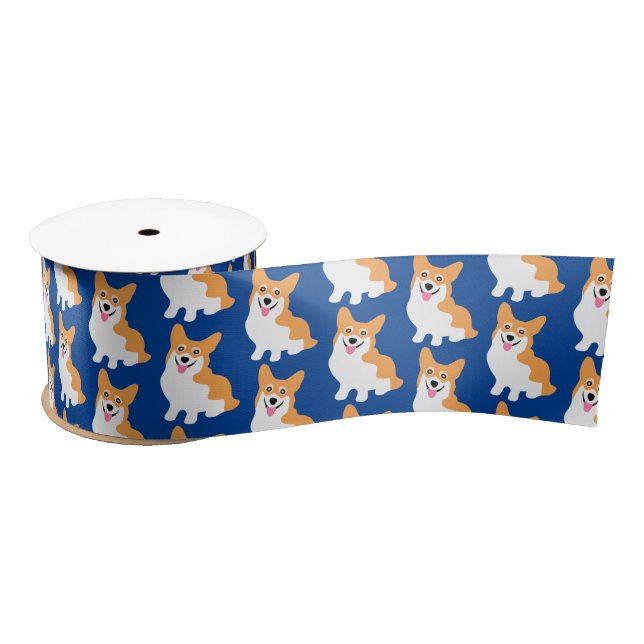 Cute Smiling Pembroke Welsh Corgi Blue Satin Ribbon (Spool)