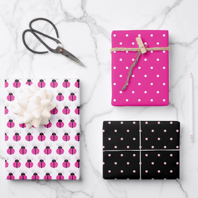 Cute Smiling Pink Polka Dot Ladybug Pattern Wrapping Paper Sheet (Front)