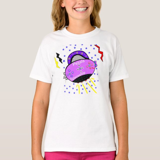 Cute Smiling Pink Purple Petals Spaceship Stars T-Shirt (Front)