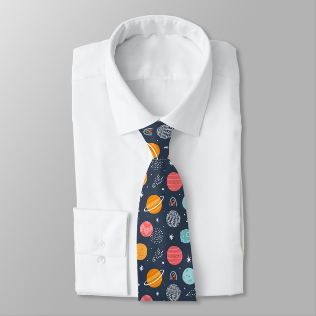 Cute Smiling Planet Pattern Tie (Tied)