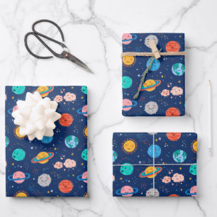 Cute Smiling Planet Pattern Wrapping Paper Sheet