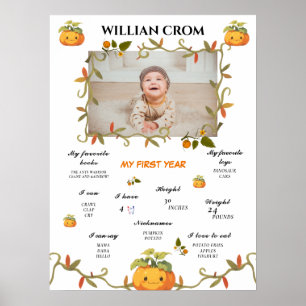 Cute Smiling Pumpkin 1st Year Birthday Milestone Poster