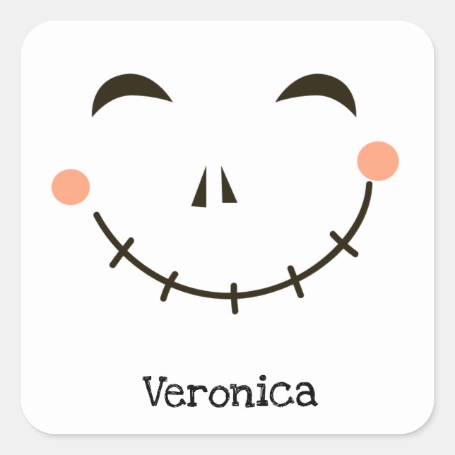 Cute smiling pumpkin face personalised square sticker (Front)