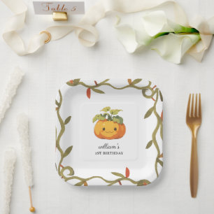 Cute Smiling Pumpkin Land 1st Birthday Paper Plate