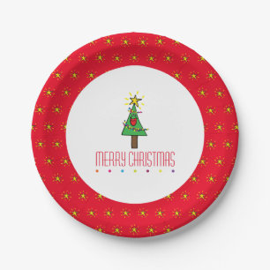 Cute Smiling Red Merry Christmas Tree Cartoon Paper Plate